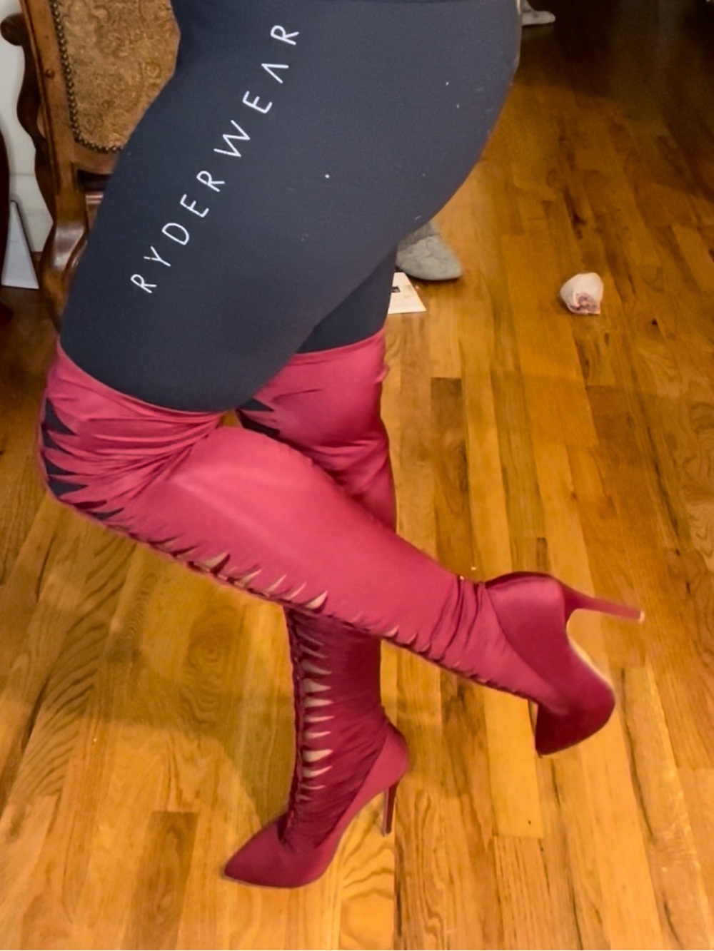 Wine Red Stretch Cutout Over-the-Knee High Heel Boots — Size 8 (Fits Like a 7)